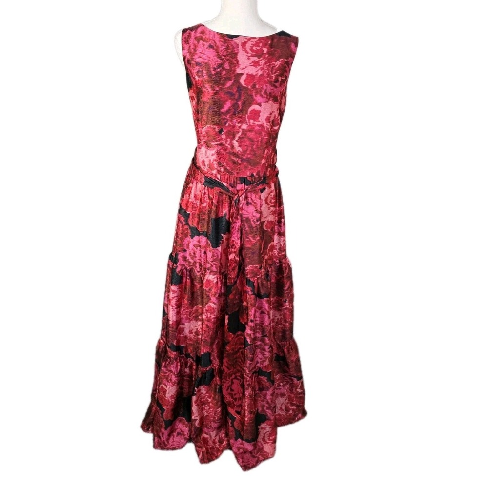 Tahari Floral Maxi Dress Size 14 NWT Pink Shimmer Belted MSRP $208 - Picture 2 of 10